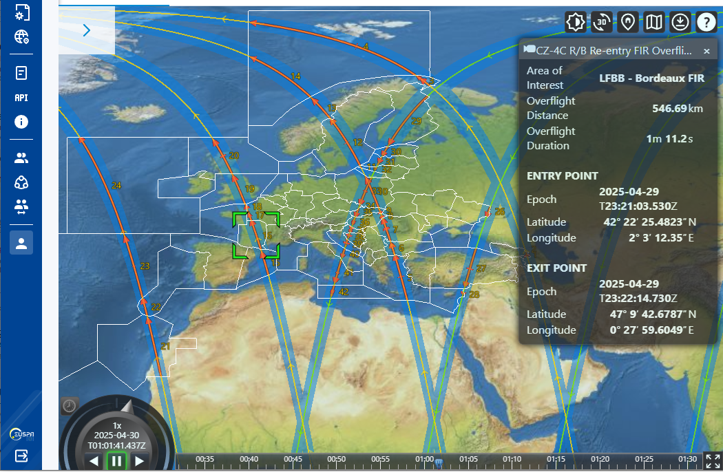 Re-entry event on the EU SST Portal showing the Flight Information Regions (FIRs)