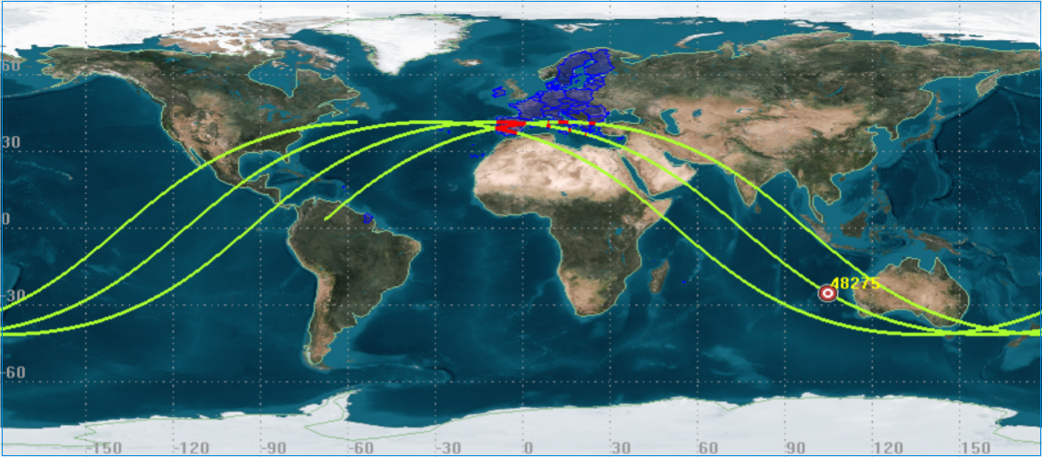 Ground track map of last prediction before start of the window.