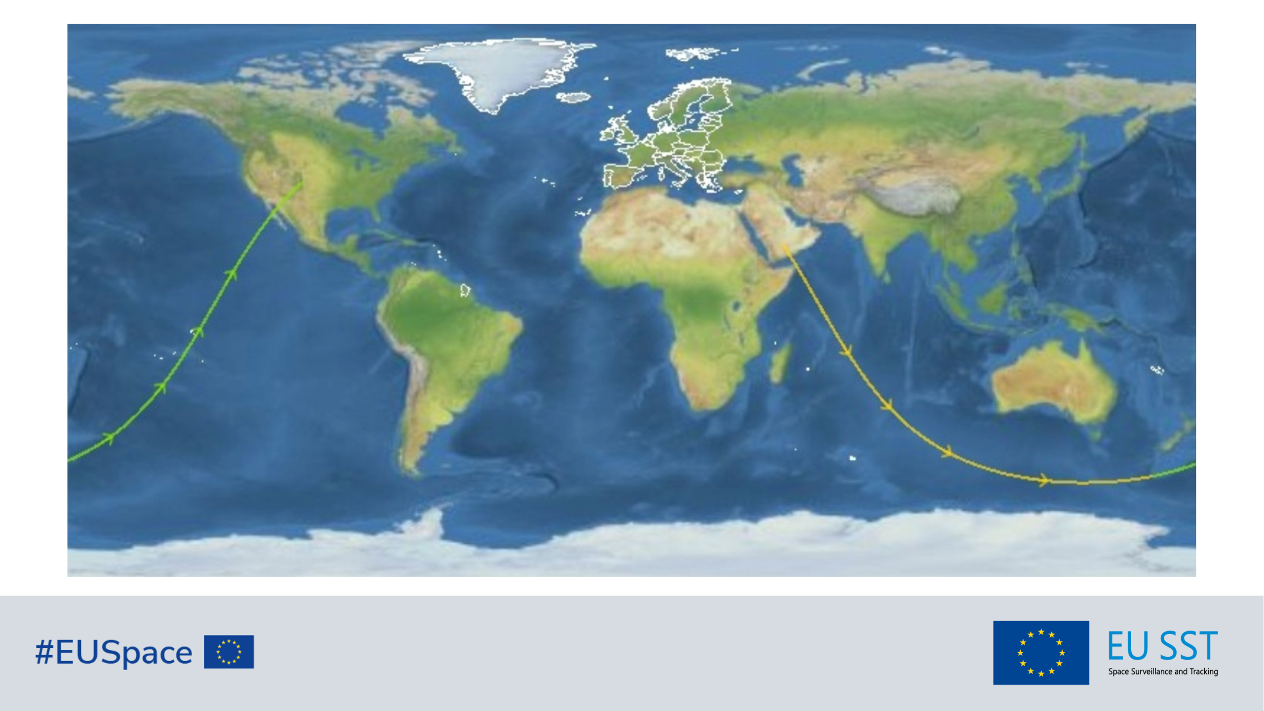 Map of the whole ground track. Yellow lines: ground track before the centre of the re-entry window. Green lines: ground track after the centre of the re-entry window. Red: overflights inside European countries and overseas territories.  Note: the possible re-entry locations lied anywhere along the yellow and green lines. The re-entry point was considered to be at an altitude of 80 km.