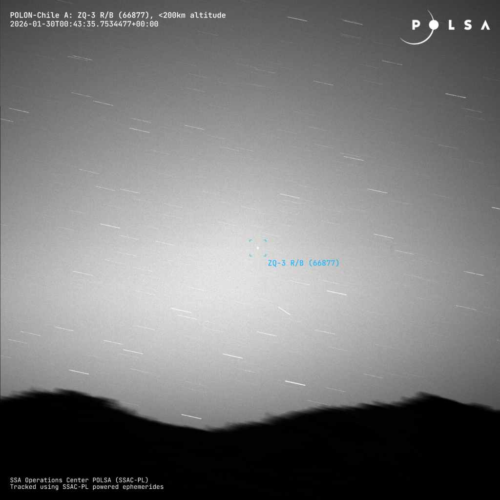 ZQ 3 R/B at ~190 km altitude captured by the EU SST contributing sensor POLON-CHILE on 30 January 2026 at 00:43:35 UTC. Image credit: POLSA