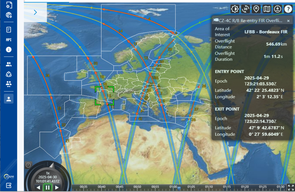 Re-entry event on the EU SST Portal showing the Flight Information Regions (FIRs)